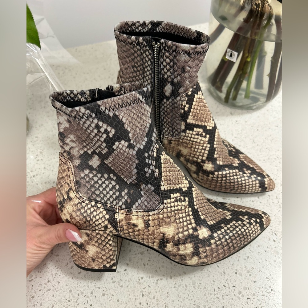 Aldo Beige and Black Snake-Print Block Heel Ankle Boots